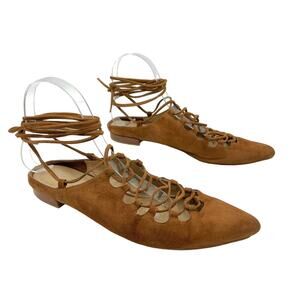 Stuart Weitzman Stringdown Suede Lace-Up Flat Amaretto Tan Pointy Toe Mule